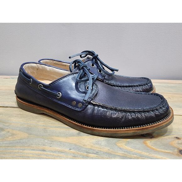 John Varvatos Boat Shoes US 8.5 Navy Blue Leather Great Condition MSRP: $298 - Picture 1 of 8